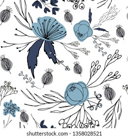 Floral vector seamless pattern with  flowers, berries, leaves and twigs. Beautiful hand drawn bouquets in pastel colors in vintage style.
