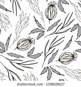 Floral vector seamless pattern with  flowers, berries, leaves and twigs. Beautiful hand drawn bouquets in pastel colors in vintage style.
