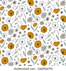 Floral vector seamless pattern with  flowers and leaves. Beautiful hand drawn flowers in  light pastel colors in vintage style.
