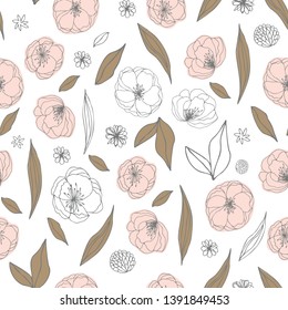 Floral vector seamless pattern with  flowers and leaves. Beautiful hand drawn flowers in  light pastel colors in vintage style.
