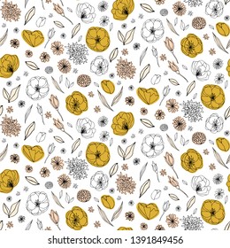 Floral vector seamless pattern with  flowers and leaves. Beautiful hand drawn flowers in  light pastel colors in vintage style.
