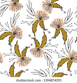 Floral vector seamless pattern with  flowers, berries, leaves and twigs. Beautiful hand drawn bouquets in pastel colors in vintage style.
