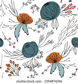 Floral vector seamless pattern with  flowers, berries, leaves and twigs. Beautiful hand drawn bouquets in pastel colors in vintage style.
