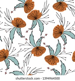 Floral vector seamless pattern with  flowers, berries, leaves and twigs. Beautiful hand drawn bouquets in pastel colors in vintage style.
