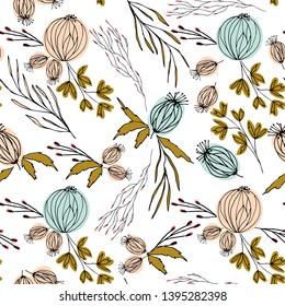 Floral vector seamless pattern with  flowers, berries, leaves and twigs. Beautiful hand drawn bouquets in pastel colors in vintage style.
