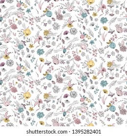 Floral vector seamless pattern with  flowers, berries, leaves and twigs. Beautiful hand drawn bouquets in pastel colors in vintage style.
