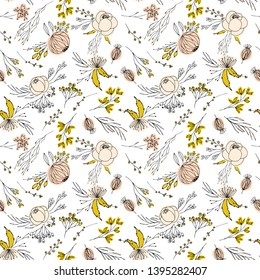 Floral vector seamless pattern with  flowers, berries, leaves and twigs. Beautiful hand drawn bouquets in pastel colors in vintage style.
