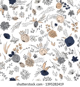 Floral vector seamless pattern with  flowers, berries, leaves and twigs. Beautiful hand drawn bouquets in pastel colors in vintage style.
