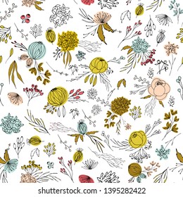Floral vector seamless pattern with  flowers, berries, leaves and twigs. Beautiful hand drawn bouquets in pastel colors in vintage style.
