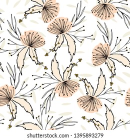 Floral vector seamless pattern with flowers, berries, leaves and twigs. Beautiful hand drawn bouquets in pastel colors in vintage style