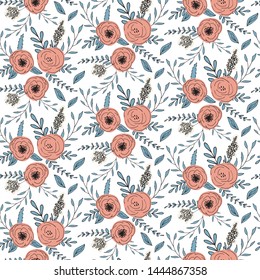 Floral vector seamless pattern with  flowers and leaves. Beautiful hand drawn flowers in  light pastel colors in vintage style.