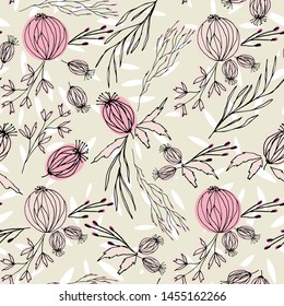 Floral vector seamless pattern with  flowers, berries, leaves and twigs. Beautiful hand drawn bouquets in pastel colors in vintage style.