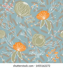 Floral vector seamless pattern with  flowers, berries, leaves and twigs. Beautiful hand drawn bouquets in pastel colors in vintage style.