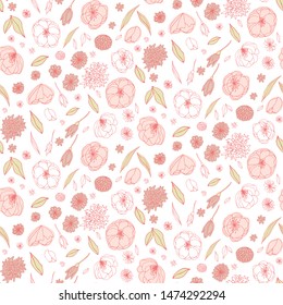 Floral vector seamless pattern with  flowers and leaves. Beautiful hand drawn flowers in  light pastel colors in vintage style.
