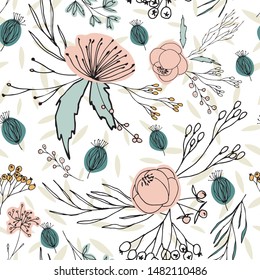 Floral vector seamless pattern with  flowers, berries, leaves and twigs. Beautiful hand drawn bouquets in pastel colors in vintage style.