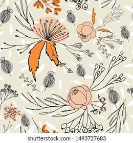 Floral vector seamless pattern with  flowers, berries, leaves and twigs. Beautiful hand drawn bouquets in pastel colors in vintage style.