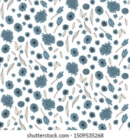 Floral vector seamless pattern with  flowers and leaves. Beautiful hand drawn flowers in  light pastel colors in vintage style.
