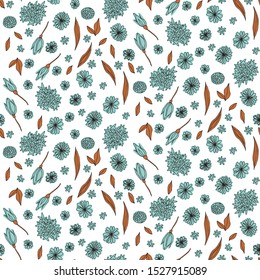 Floral vector seamless pattern with  flowers and leaves. Beautiful hand drawn flowers in  light pastel colors in vintage style.
