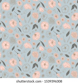 Floral vector seamless pattern with  flowers and leaves. Beautiful hand drawn flowers in  light pastel colors in vintage style.
