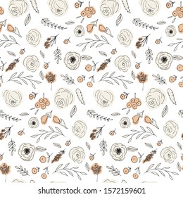 Vector floral sin fisuras con flores y hojas. Hermosas flores dibujadas a mano en tonos pastel claros en estilo vintage.