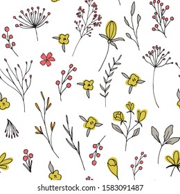 Floral vector seamless pattern with  flowers, berries, leaves and twigs. Beautiful hand drawn bouquets in pastel colors in vintage style.