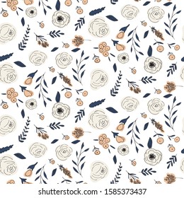 Floral vector seamless pattern with  flowers and leaves. Beautiful hand drawn flowers in  light pastel colors in vintage style.