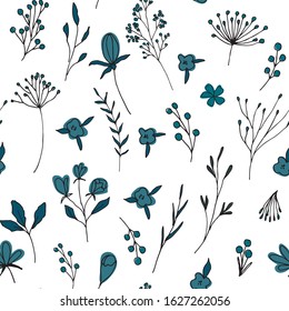 Floral vector seamless pattern with  flowers, berries, leaves and twigs. Beautiful hand drawn bouquets in pastel colors in vintage style.