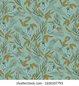 Floral vector seamless pattern with  flowers, berries, leaves and twigs. Beautiful hand drawn bouquets in pastel colors in vintage style.