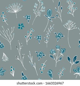 Floral vector seamless pattern with  flowers, berries, leaves and twigs. Beautiful hand drawn bouquets in pastel colors in vintage style.