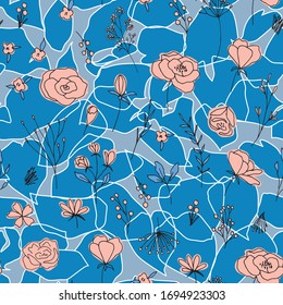 Floral vector seamless pattern with  flowers, berries, leaves and twigs. Beautiful hand drawn bouquets in pastel colors in vintage style.