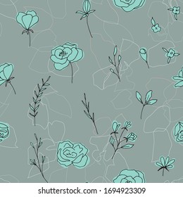 Floral vector seamless pattern with  flowers, berries, leaves and twigs. Beautiful hand drawn bouquets in pastel colors in vintage style.