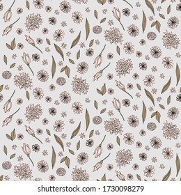 Vector floral sin fisuras con flores y hojas. Hermosas flores dibujadas a mano en tonos pastel claros con un estilo vintage.
