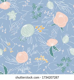 Blumenvektor nahtlos Muster mit Blumen, Beeren, Blättern und Zweigen. Schöne handgearbeitete Bouquets in Pastellfarben im Vintage-Stil.