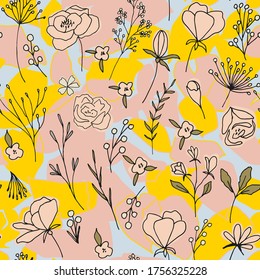 Floral vector seamless pattern with  flowers, berries, leaves and twigs. Beautiful hand drawn bouquets in pastel colors in vintage style.