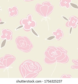 Floral vector seamless pattern with  flowers, leaves and twigs. Beautiful hand drawn bouquets in pastel colors in vintage style.