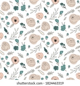 Floral vector seamless pattern with  flowers and leaves. Beautiful hand drawn flowers in  light pastel colors in vintage style.