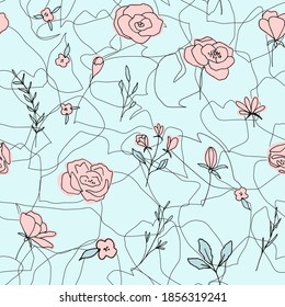 Floral vector seamless pattern with  flowers, berries, leaves and twigs. Beautiful hand drawn bouquets in pastel colors in vintage style.