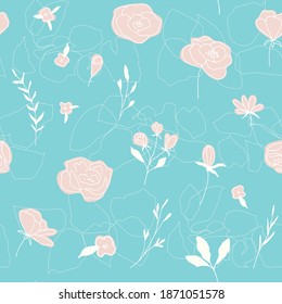 Floral vector seamless pattern with  flowers, berries, leaves and twigs. Beautiful hand drawn bouquets in pastel colors in vintage style.