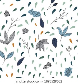 Floral vector seamless pattern with  flowers, leaves and berries. Beautiful hand drawn flowers in  light pastel colors in vintage style.