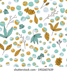 Floral vector seamless pattern with  flowers, leaves and berries. Beautiful hand drawn flowers in  light pastel colors in vintage style.