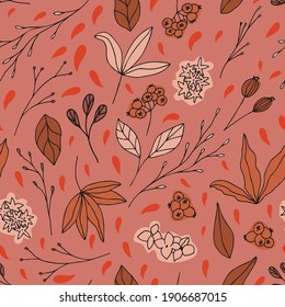 Floral vector seamless pattern with  flowers, leaves and berries. Beautiful hand drawn flowers in  light pastel colors in vintage style.