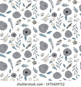 Floral vector seamless pattern with  flowers and leaves. Beautiful hand drawn flowers in  light pastel colors in vintage style.