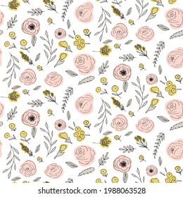 Floral vector seamless pattern with  flowers and leaves. Beautiful hand drawn flowers in  light pastel colors in vintage style.