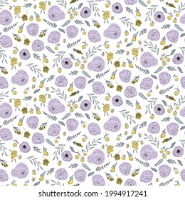 Floral vector seamless pattern with  flowers and leaves. Beautiful hand drawn flowers in  light pastel colors in vintage style.