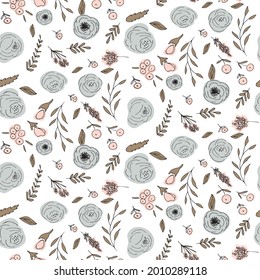 Vector floral sin fisuras con flores y hojas. Hermosas flores dibujadas a mano en tonos pastel claros con un estilo vintage.
