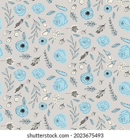 Floral vector seamless pattern with  flowers and leaves. Beautiful hand drawn flowers in  light pastel colors in vintage style.