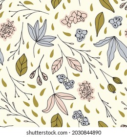 Floral vector seamless pattern with  flowers, leaves and berries. Beautiful hand drawn flowers in  light pastel colors in vintage style.