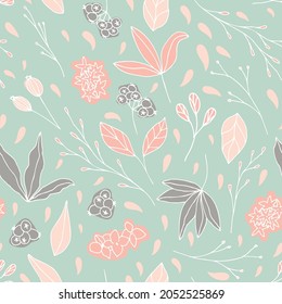 Floral vector seamless pattern with  flowers, leaves and berries. Beautiful hand drawn flowers in  light pastel colors in vintage style.