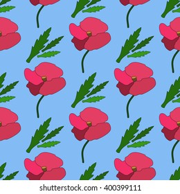 Floral vector seamless pattern with flowers on blue background, Clipping mask.