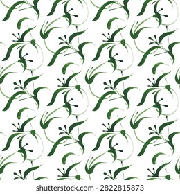 Floral vector seamless pattern from green branches and leaves on a white background 